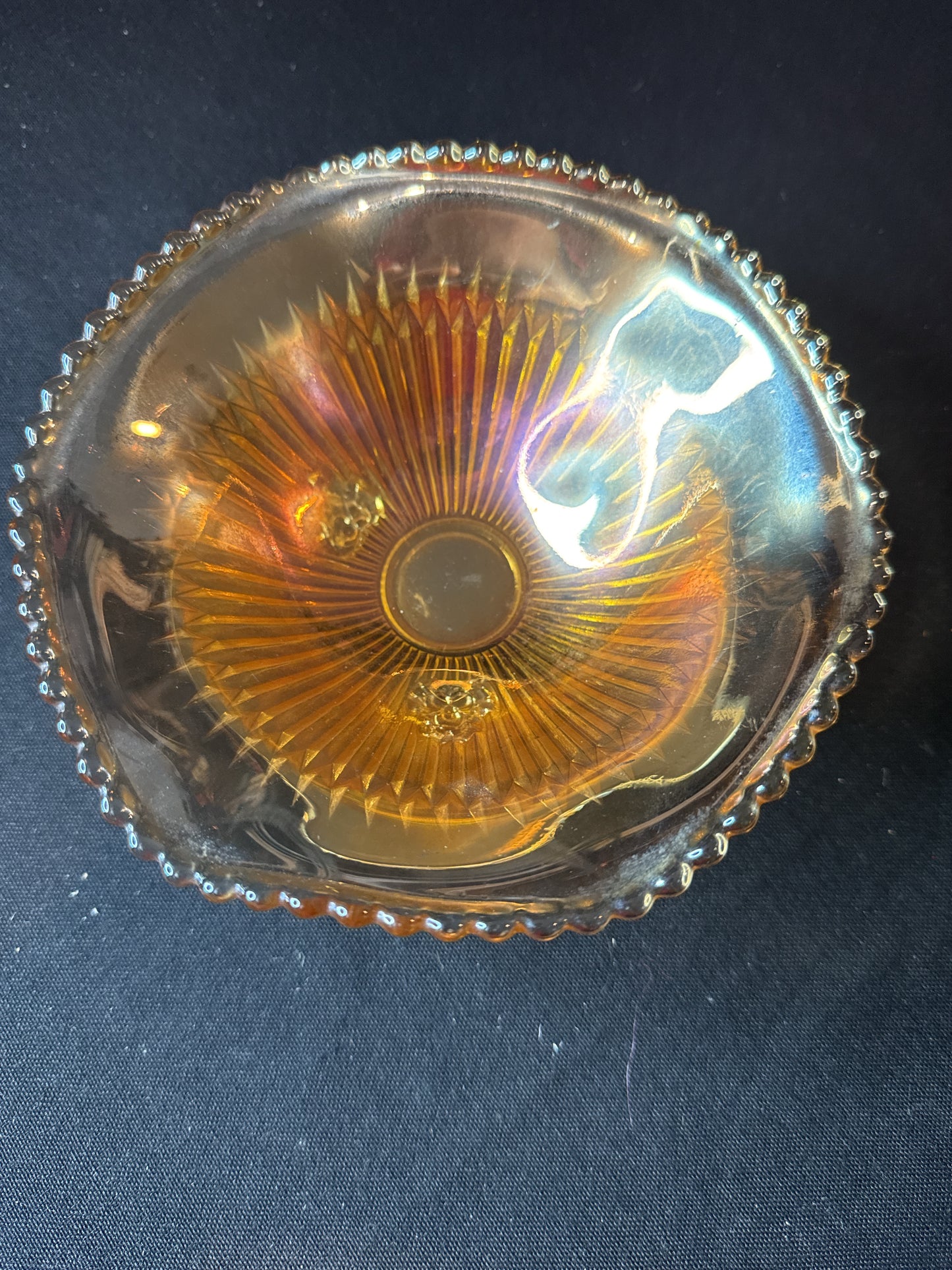 Marigold Indiana Carnival Hobnail Glass Footed Candy Dish - Ruffled Glass Bowl 6" Wide