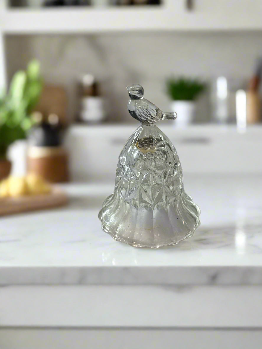 The Byrdes Collection 3.75" Tall Bird Bell Rings Clear and Loud. Clear Glass