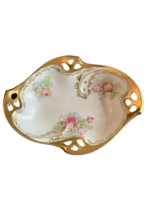 Vintage 9" Gold Leaf and Hand Painted Roses Decorative Dish Bowl Germany