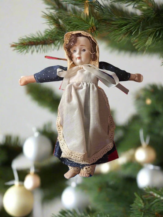 Vintage Amish Porcelain Hanging Ornament Doll 7" Tall Collectible Figure Christmas Tree