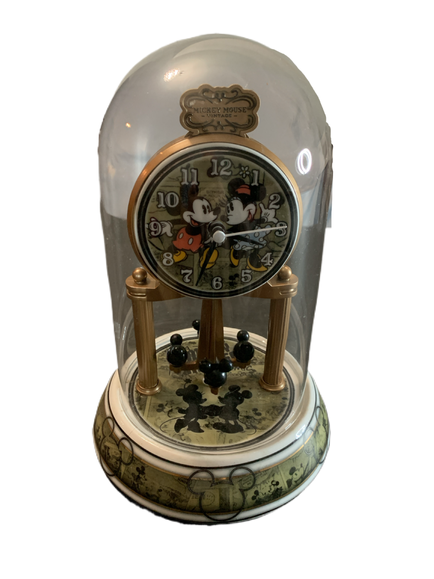 Disney Mickey & Minnie Mouse Vintage Anniversary Glass Dome Clock Mickey Pendulum