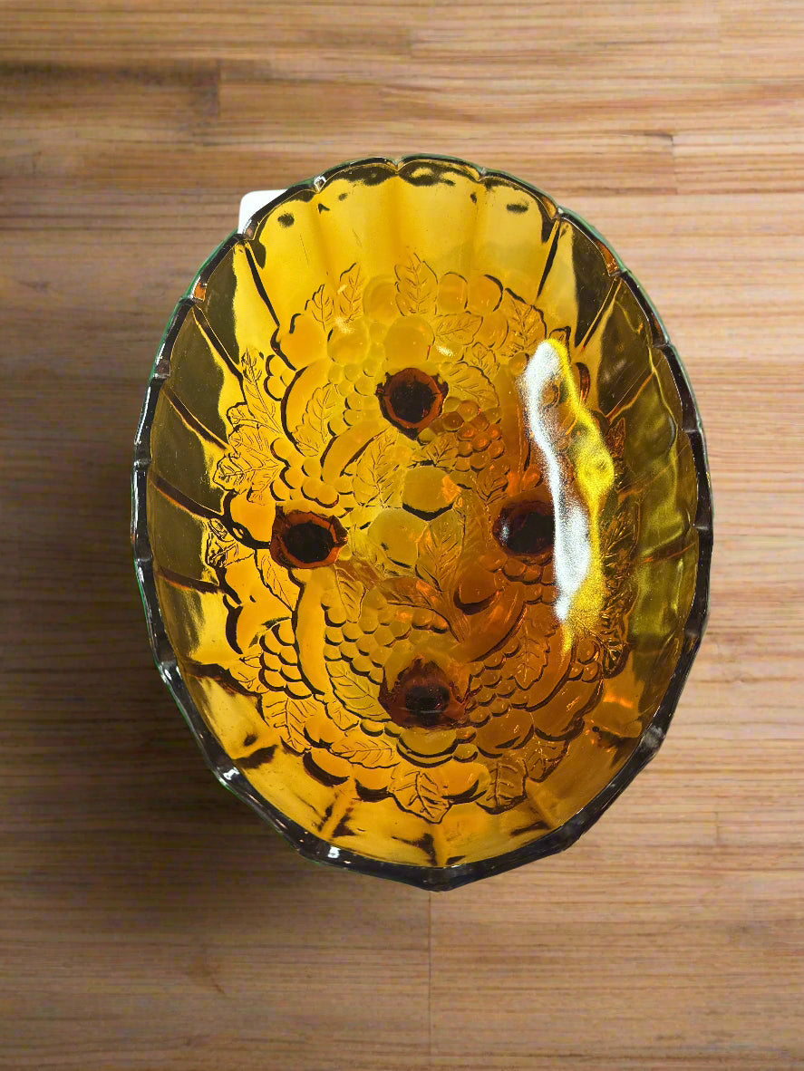 Indiana Glass, Brown Amber, Footed Harvest Mold Fruit Bowl - Beautiful Vintage 12" Long x 4" Tall