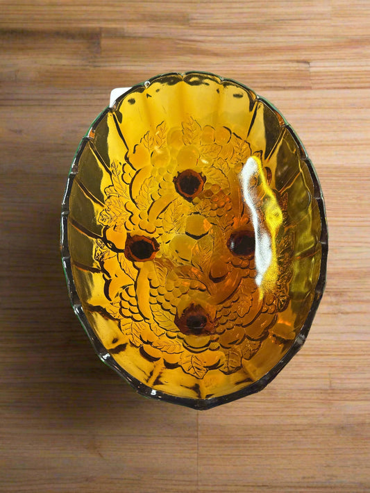 Indiana Glass, Brown Amber, Footed Harvest Mold Fruit Bowl - Beautiful Vintage 12" Long x 4" Tall