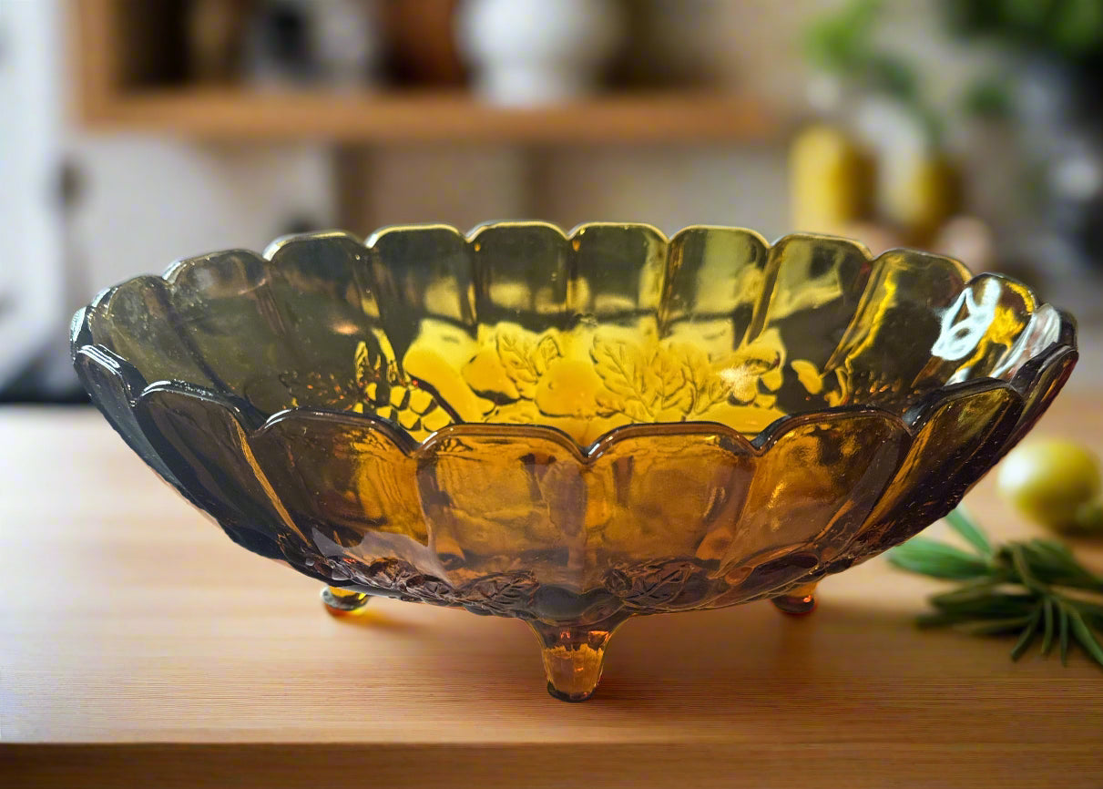 Indiana Glass, Brown Amber, Footed Harvest Mold Fruit Bowl - Beautiful Vintage 12" Long x 4" Tall