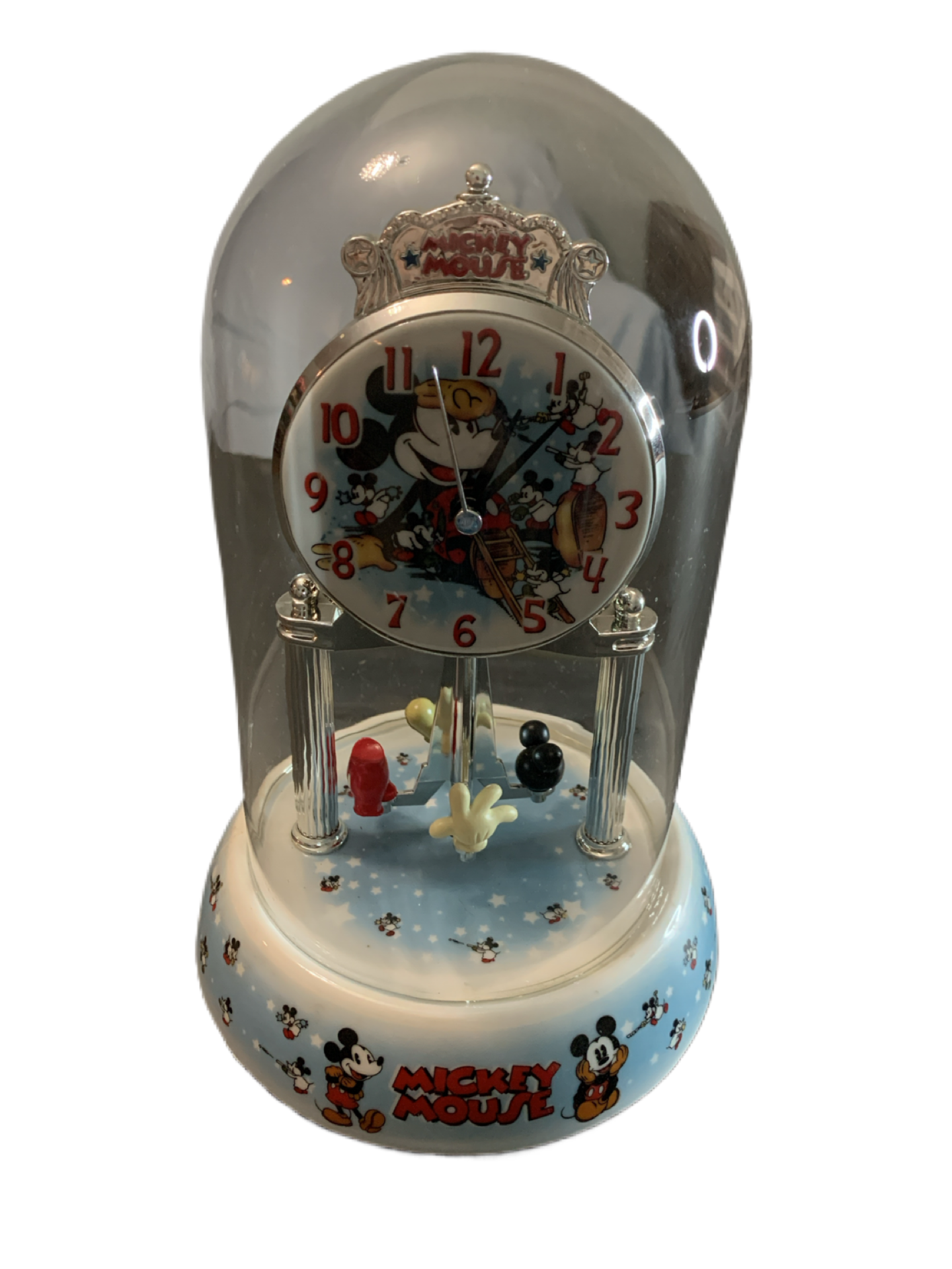 Disney Mickey Mouse Vintage Anniversary Glass Dome Clock Clubhouse Mickey Pendulum