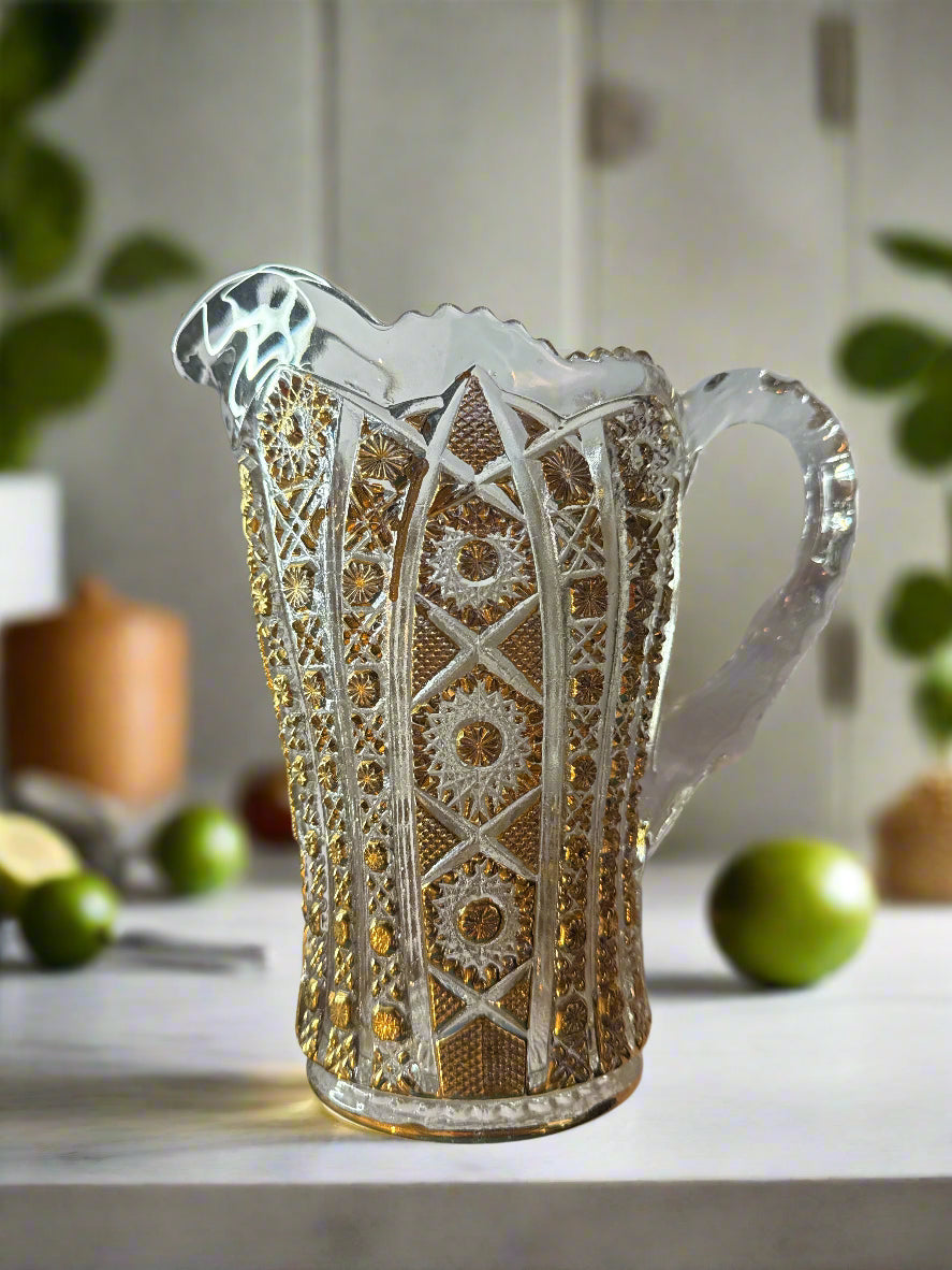 Imperial Glass 32 oz Pitcher Clear Glass Daisy & Button Gold Accents - Vintage 8" Tall