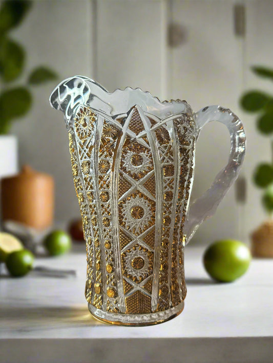 Imperial Glass 32 oz Pitcher Clear Glass Daisy & Button Gold Accents - Vintage 8" Tall