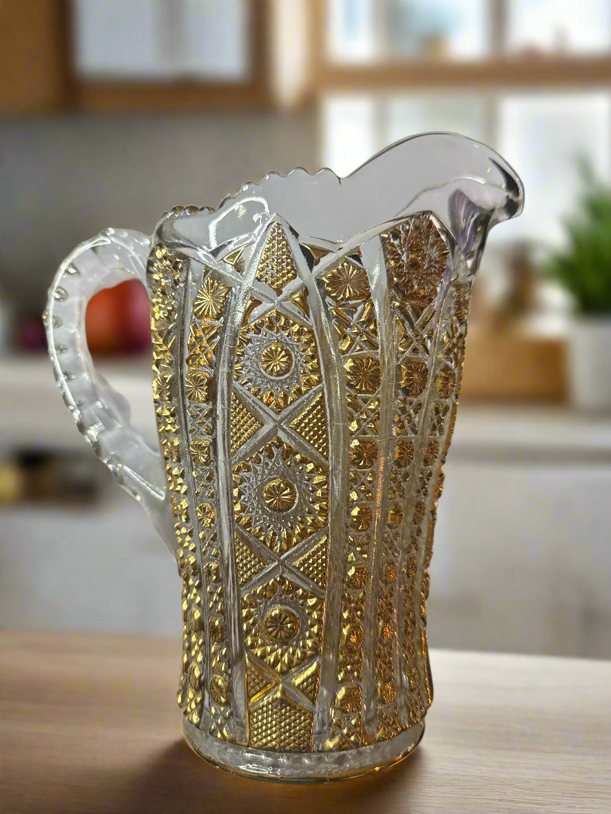 Imperial Glass 32 oz Pitcher Clear Glass Daisy & Button Gold Accents - Vintage 8" Tall