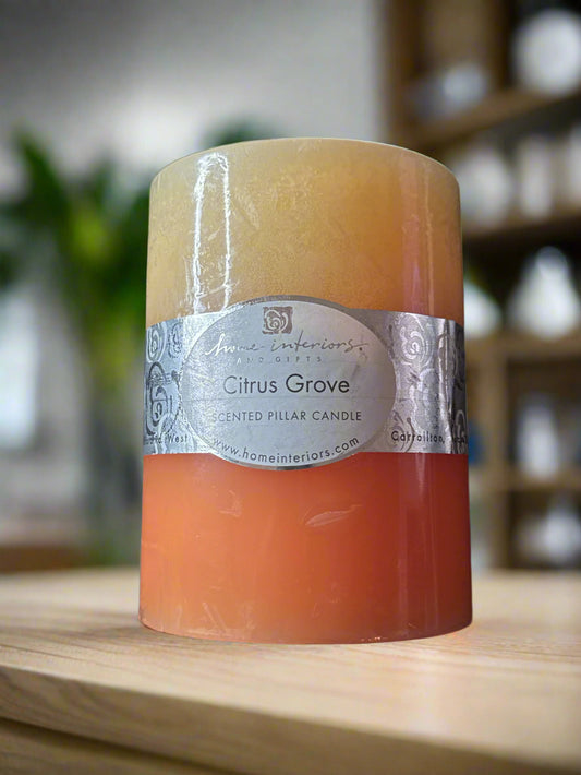 Home Interiors Citrus Grove Scented Pillar Candle 4" Tall New in Plastic