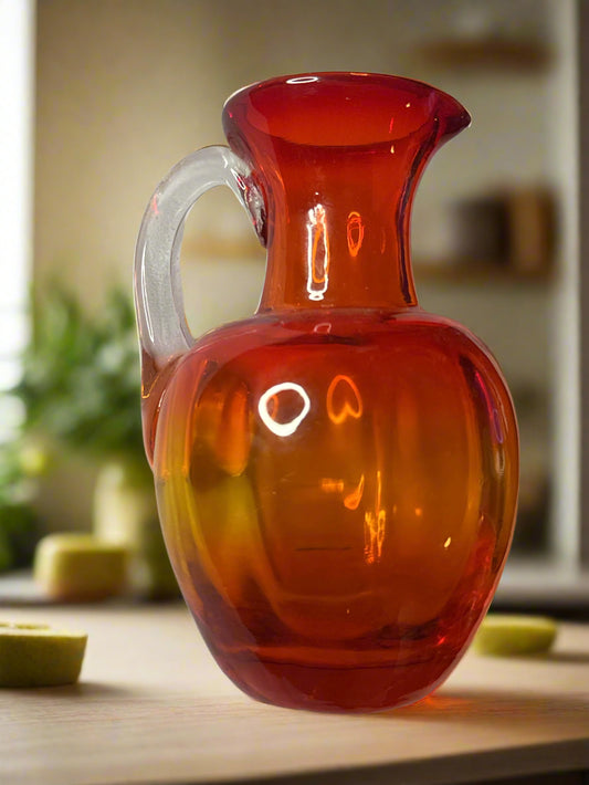 Handmade Blown Glass Red/Orange Amberina Small Glass Pitcher 4.5" Tall Glows in UV Light