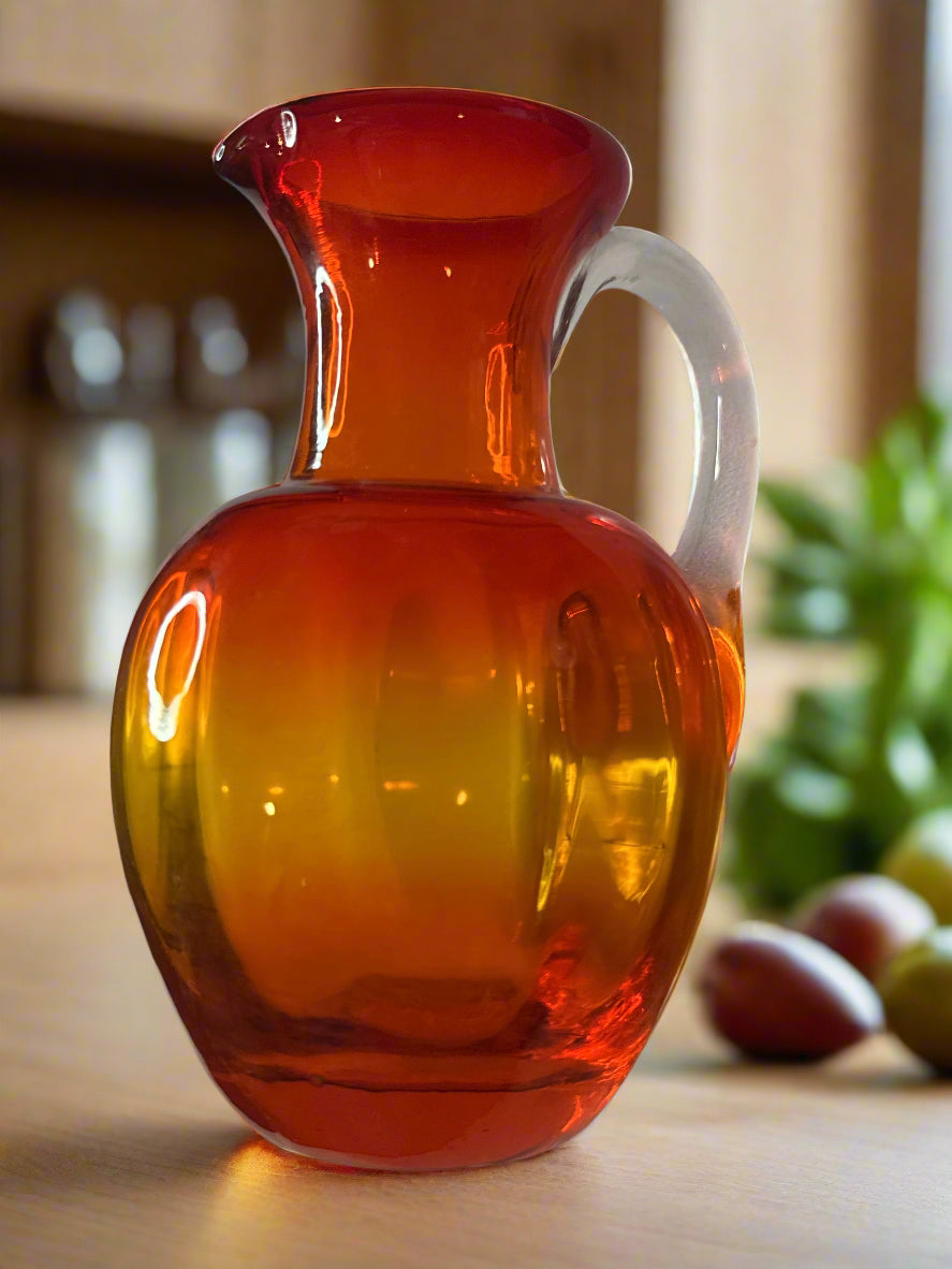 Handmade Blown Glass Red/Orange Amberina Small Glass Pitcher 4.5" Tall Glows in UV Light