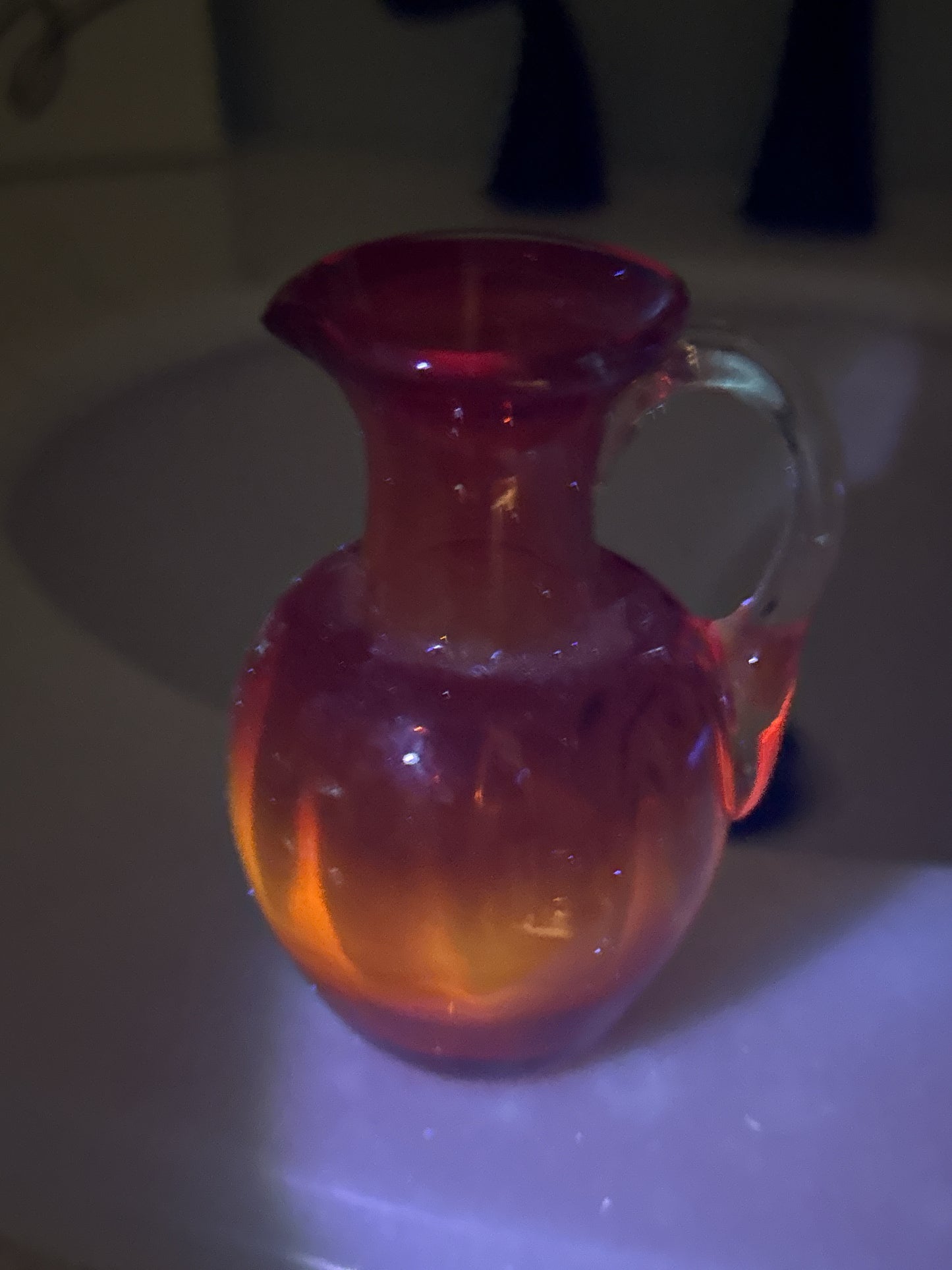 Handmade Blown Glass Red/Orange Amberina Small Glass Pitcher 4.5" Tall Glows in UV Light