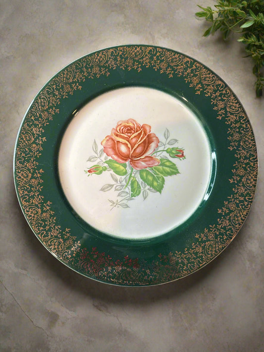 Salem Princess Jane Pattern 9.5" Wide Dinner Plate Green/Gold Rim Rose Center Piece