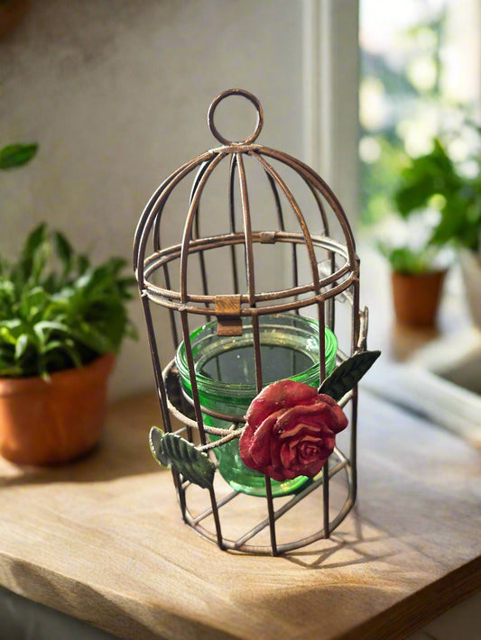 Metal Birdcage Rose Candle Holder Tealight 7" Tall Vintage