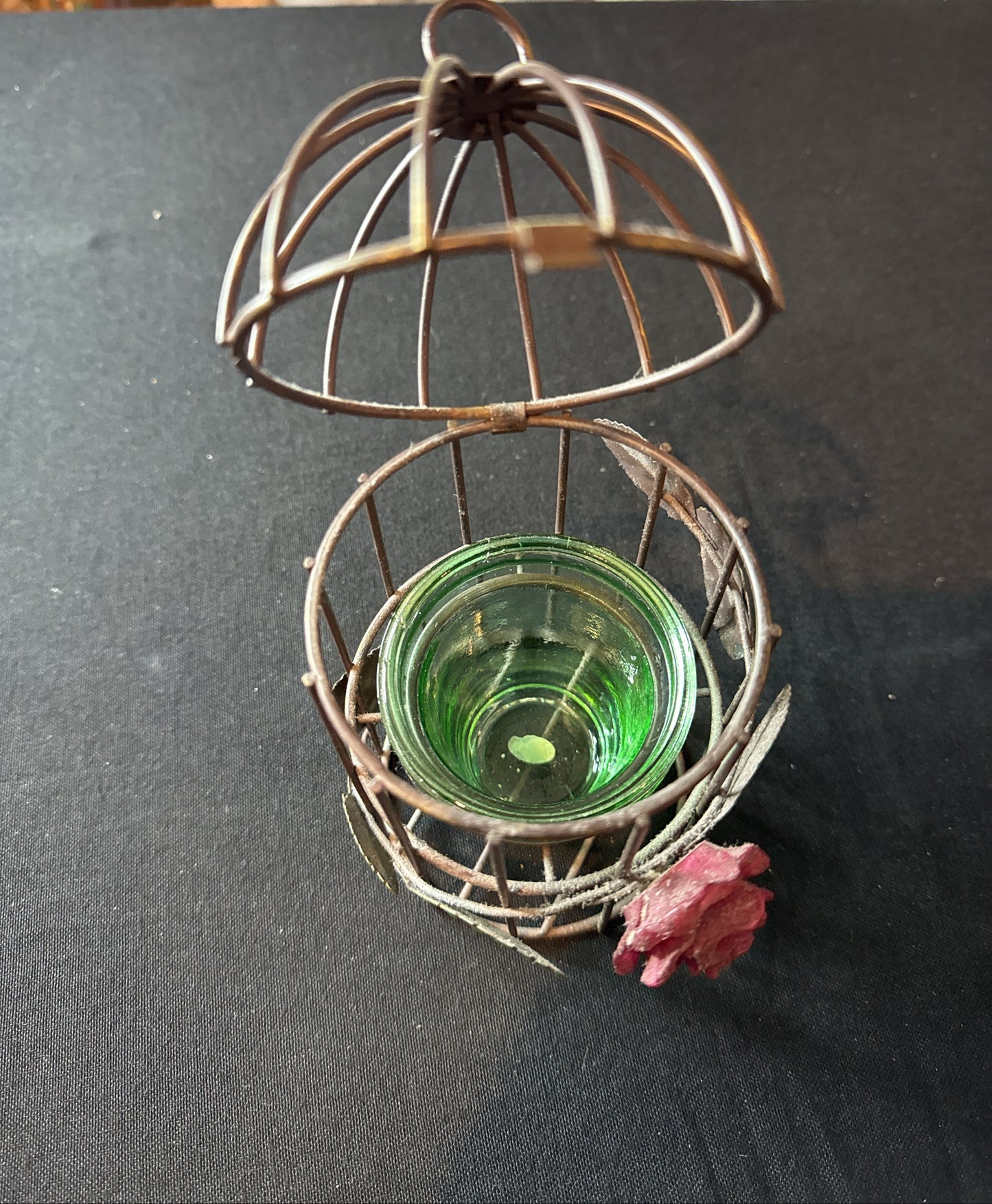 Metal Birdcage Rose Candle Holder Tealight 7" Tall Vintage