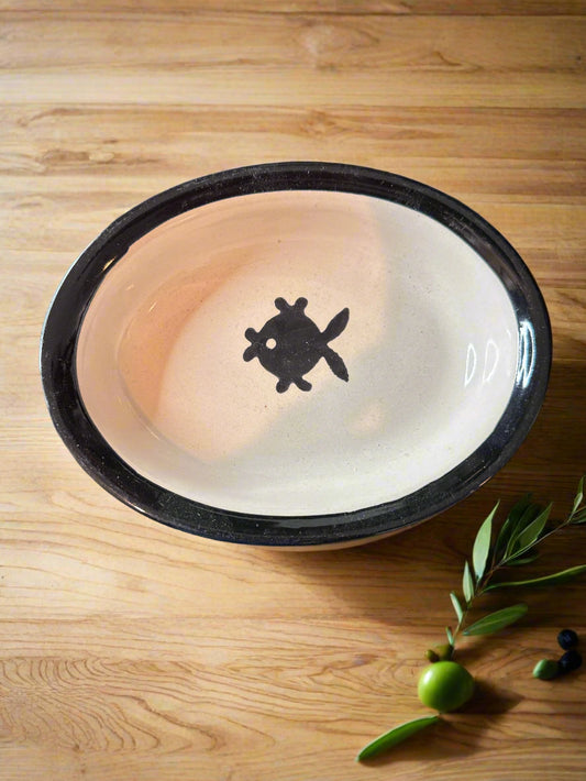 Petrageous Stoneware Oval Cat Dish With Fish 6.5" x 5"