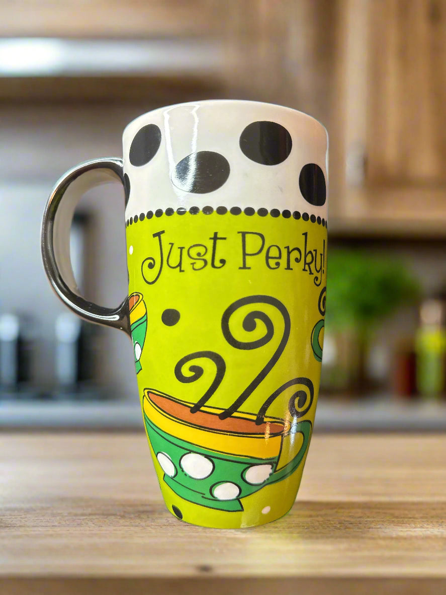 Just Perky 17oz Ceramic Latte/Coffee Mug Cup Green 6.25" Tall