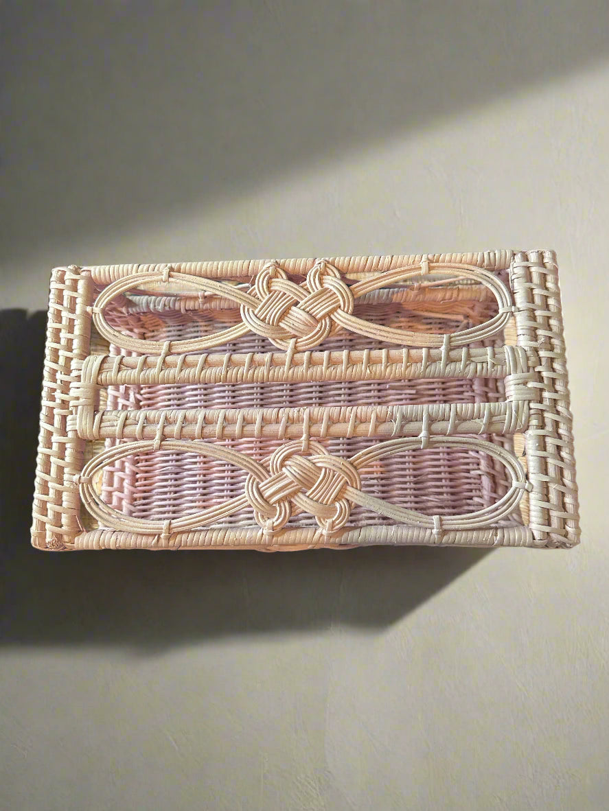 Vintage Pink Wicker Woven Rattan Boho Tissue Box Cover Holder Horizontal 10" x 6"