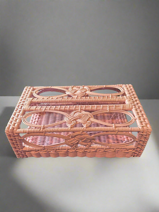 Vintage Pink Wicker Woven Rattan Boho Tissue Box Cover Holder Horizontal 10" x 6"