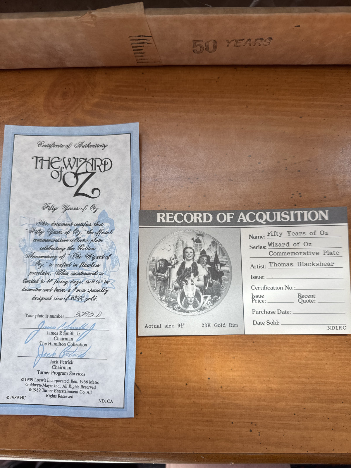 The Wizard of Oz “Fifty Years of Oz” 50th Anniversary Collector Plate with Certificate 9.5"