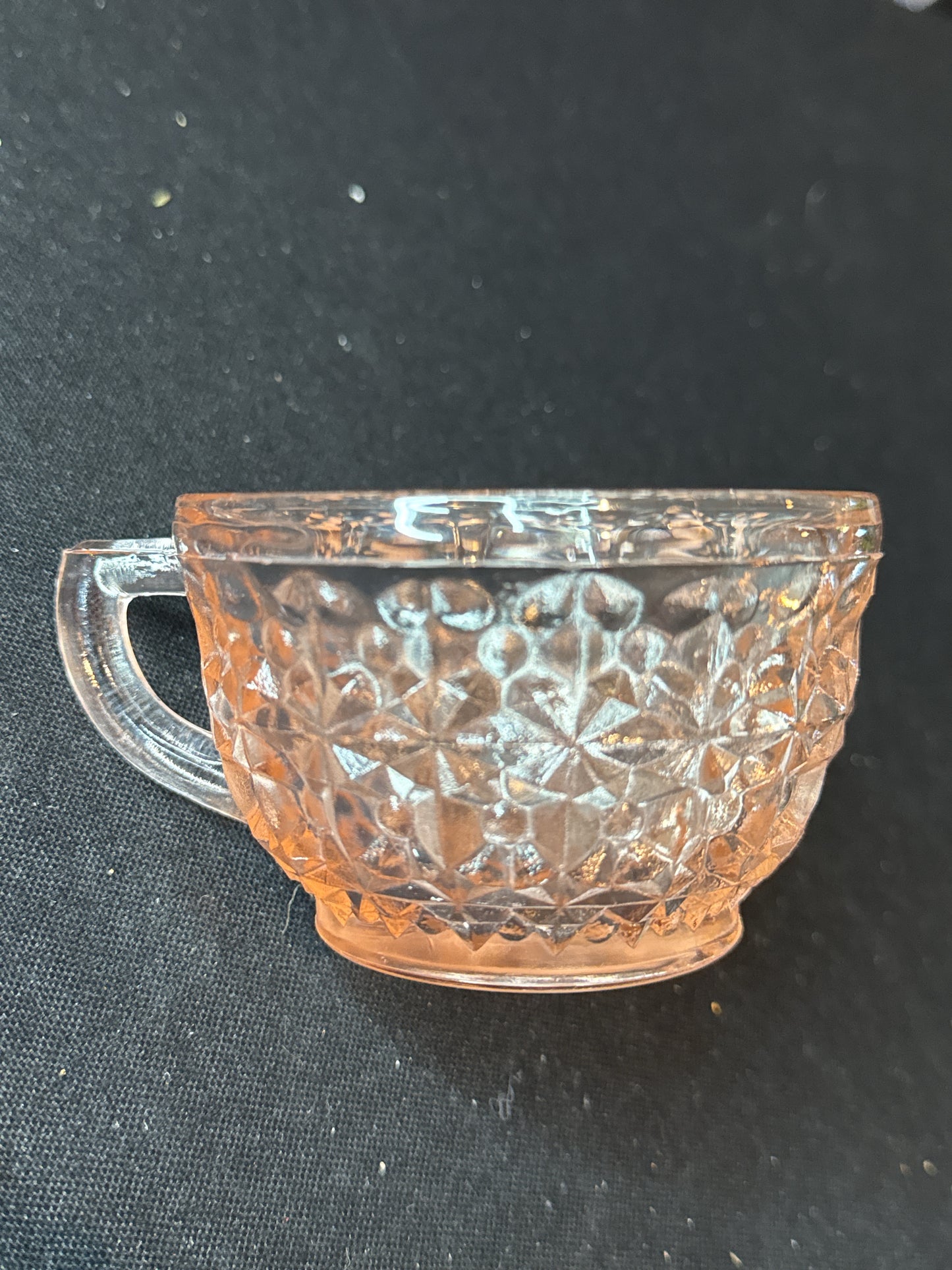 Vintage Jeannette Pink Depression Glass Cup, Holiday Buttons & Bows Pattern 2.25" Tall