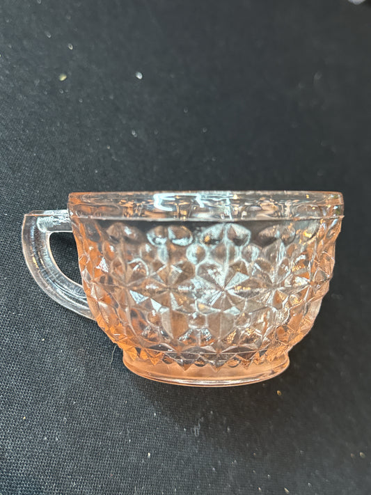 Vintage Jeannette Pink Depression Glass Cup, Holiday Buttons & Bows Pattern 2.25" Tall