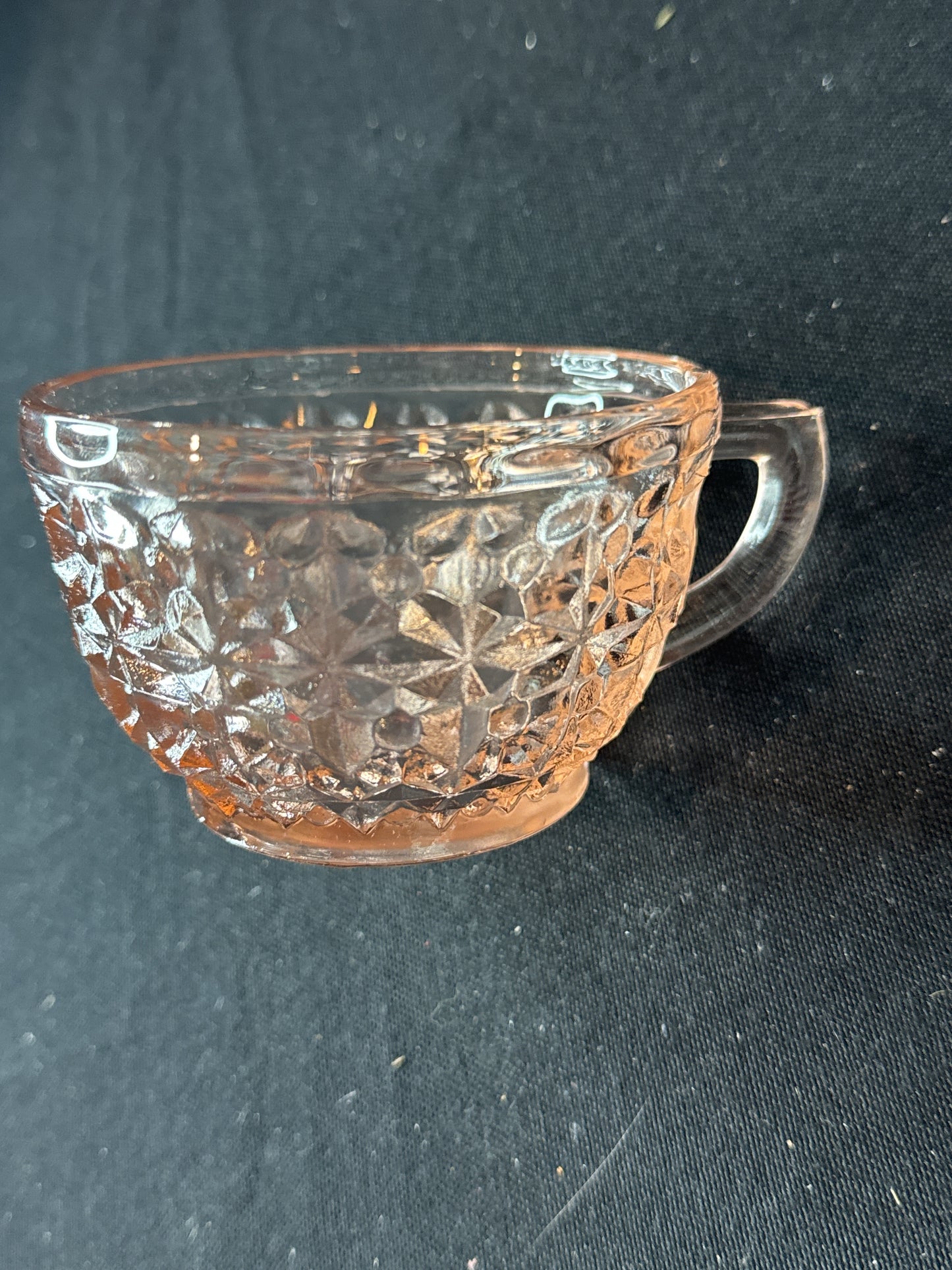 Vintage Jeannette Pink Depression Glass Cup, Holiday Buttons & Bows Pattern 2.25" Tall