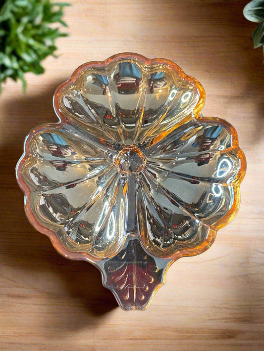Vintage Jeannette Marigold Carnival Glass Clover Leaf Candy Dish 7" x 6"