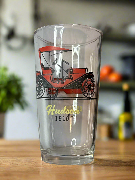 Vintage Hazel Atlas Double Sided Antique Cars Glass 1910 Hudson, 1914 Stutz 5" Tall