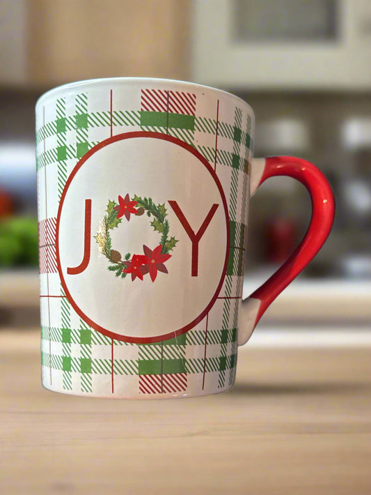 Joy Coffee Mug Cup 16oz 4.5" Tall Red Handle Plaid Pattern