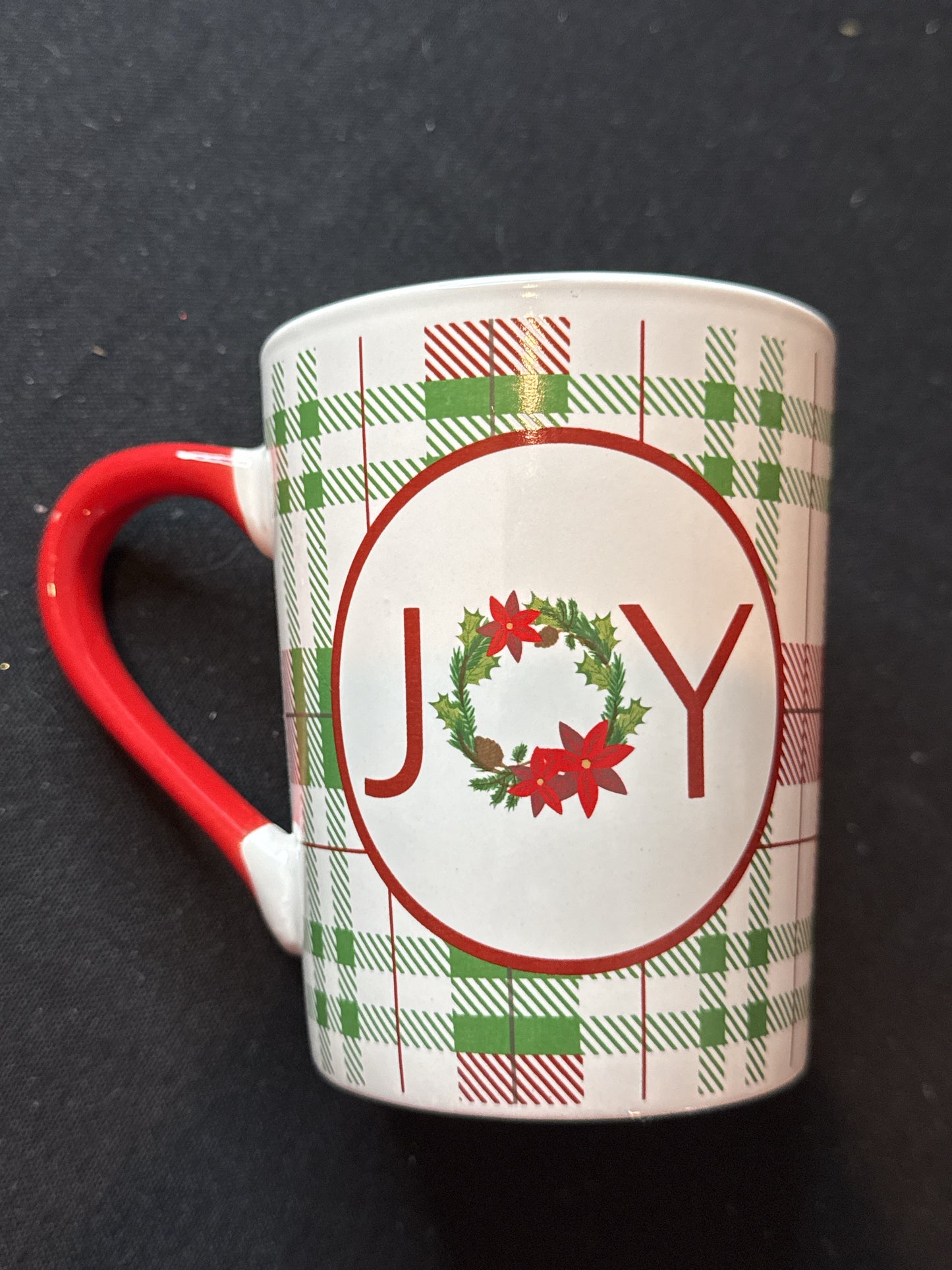 Joy Coffee Mug Cup 16oz 4.5" Tall Red Handle Plaid Pattern