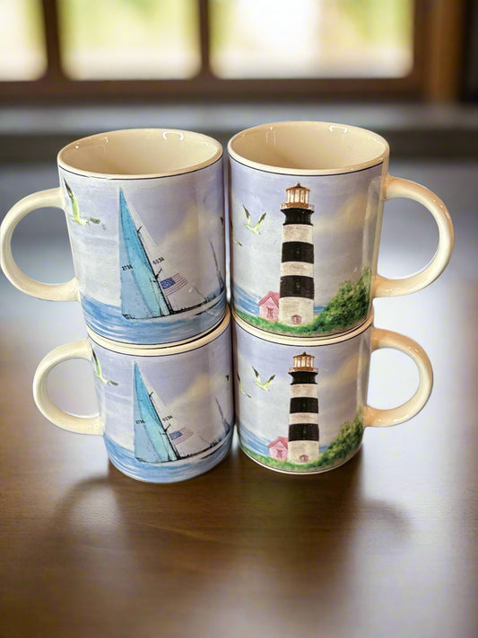 Set of 4 Rosanna Tea Coffee Cup Mugs - Lighthouses, Sailboats - Thomson Pottery 3.5" Tall