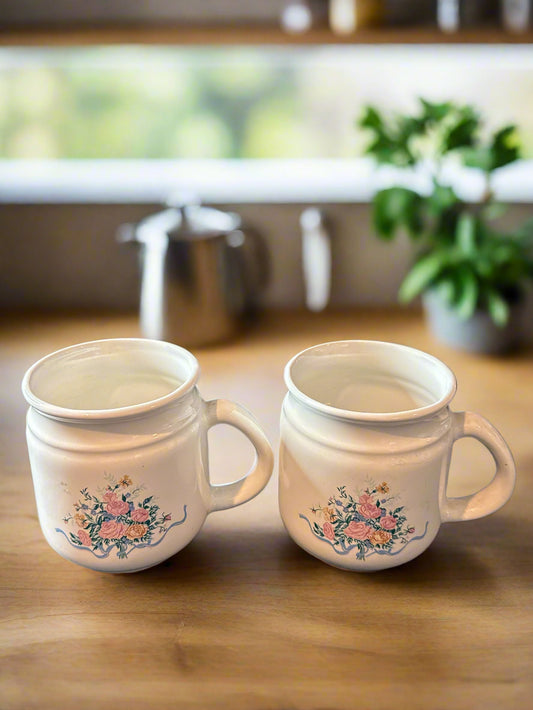 Pair of Floral Tea Coffee Cups Mugs 3.5" Tall