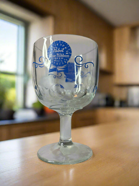 Pabst Blue Ribbon Thumbprint Stemmed Glass Goblet 6" Tall Vintage Barware