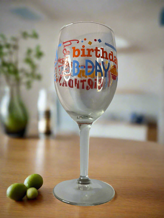 Happy Birthday Clear Wine Glass 7" Tall