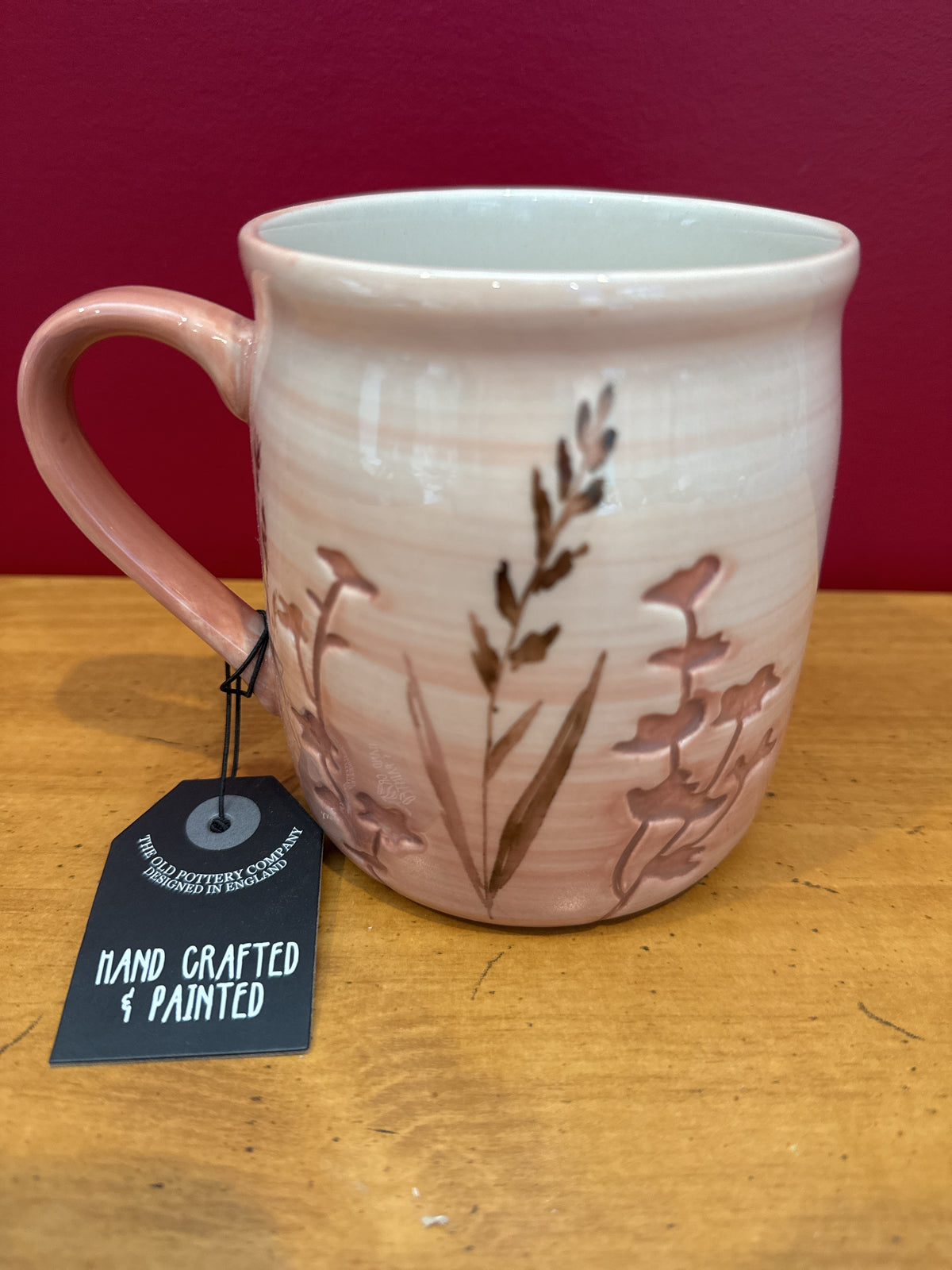 The Old Pottery Company Pink Botanical Hand-Painted Mug New With Tags 4 3/8" Tall
