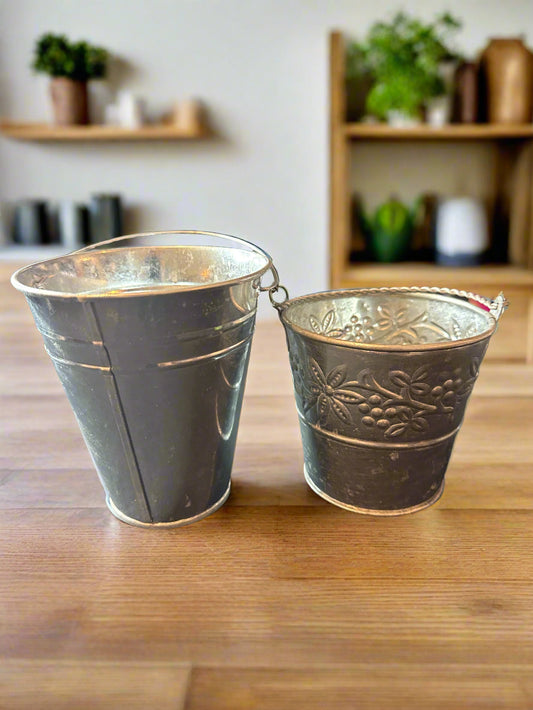 Pair of Galvanized Metal Buckets 4" x 4" Embossed Floral Print & 5" x 4.5"