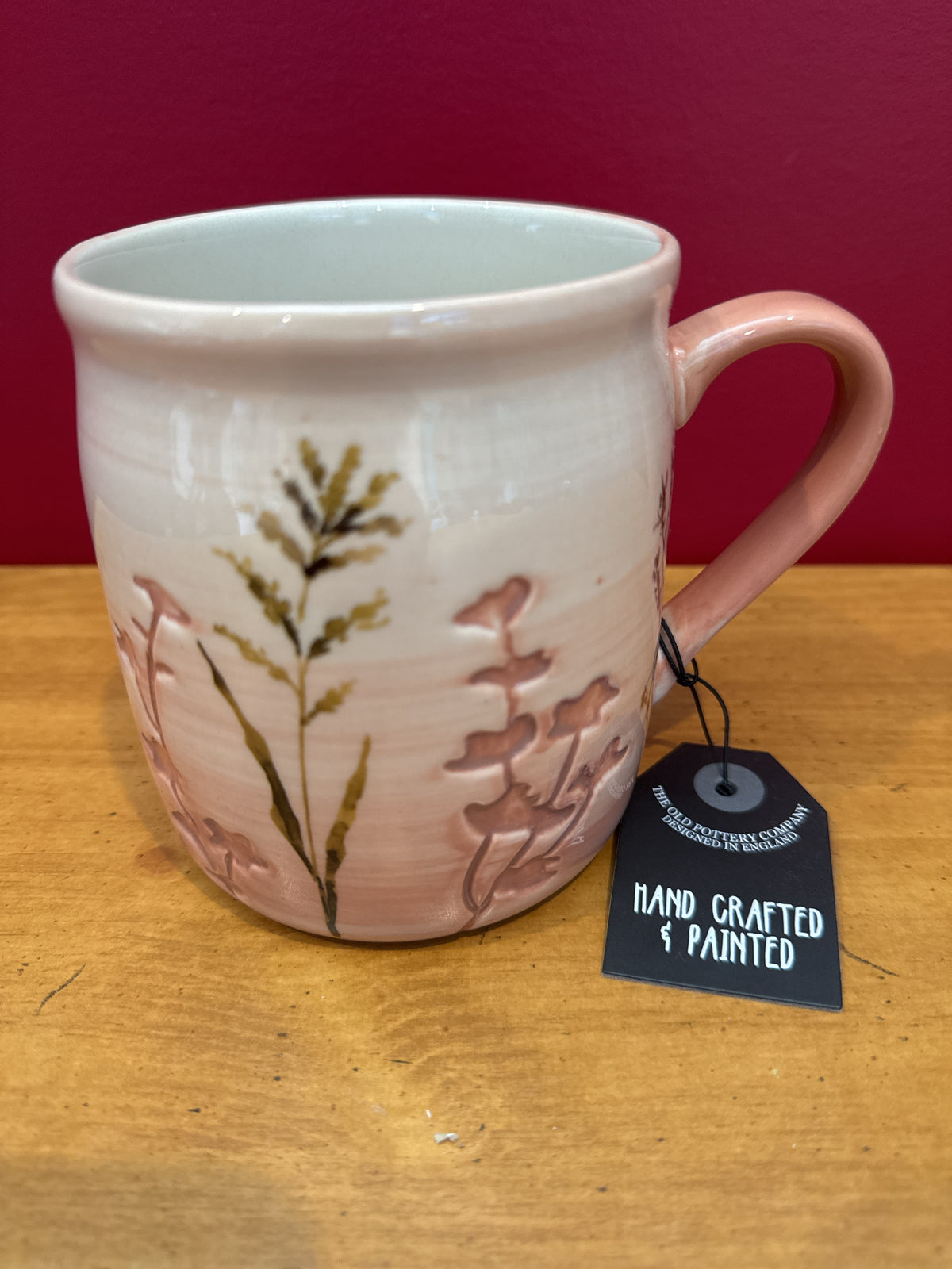 The Old Pottery Company Pink Botanical Hand-Painted Mug New With Tags 4 3/8" Tall