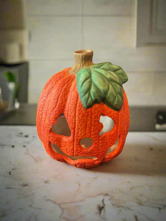 Vintage Ceramic Pumpkin Halloween Jack O Lantern Tea Light Candle Holder 4.5" Tall