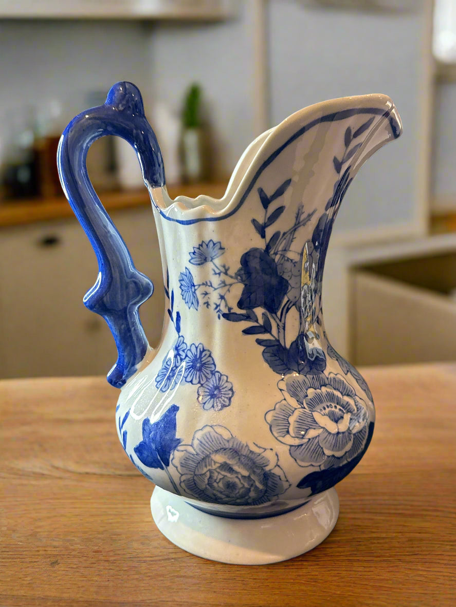 Vintage Blue White Glossy Ceramic Pitcher Pot With Blue Handle 12" Tall