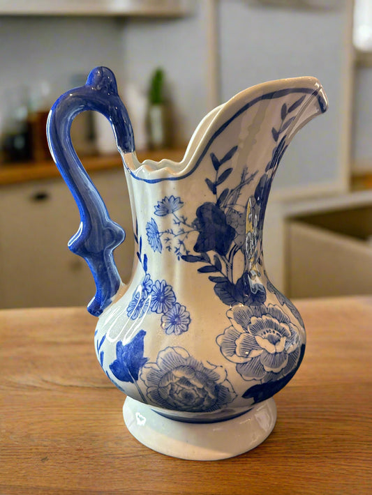 Vintage Blue White Glossy Ceramic Pitcher Pot With Blue Handle 12" Tall