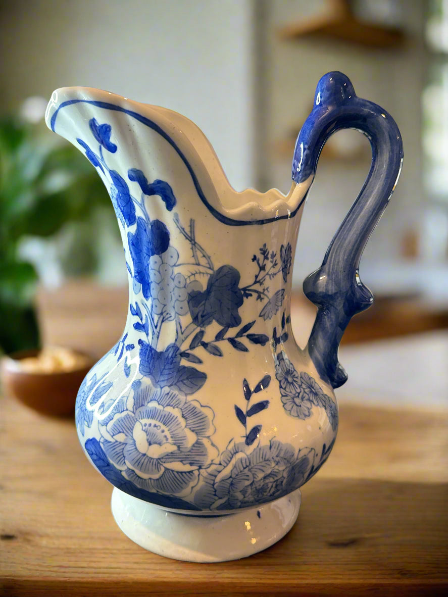 Vintage Blue White Glossy Ceramic Pitcher Pot With Blue Handle 12" Tall