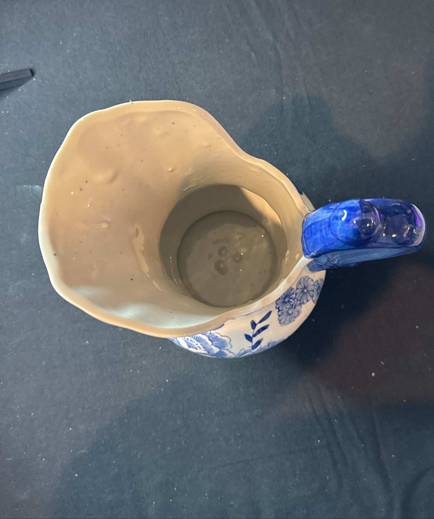 Vintage Blue White Glossy Ceramic Pitcher Pot With Blue Handle 12" Tall