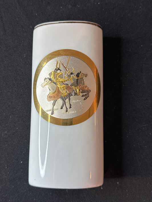 Art of Chokin Japanese Vase Samurai 24kt Gold Trim Vintage Gilded Vase Pencil Holder 6"