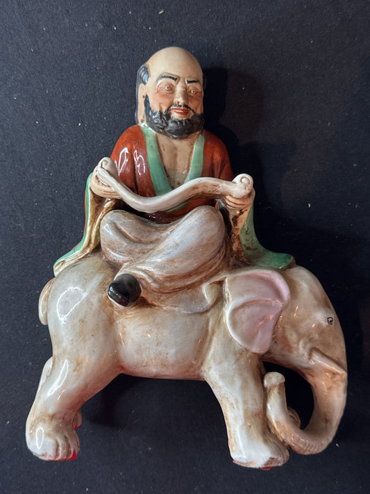 Heygill & H.F.P. Macau "Dynasty" Ceramic Asian Man on Elephant Reading Scrolls 10" Tall