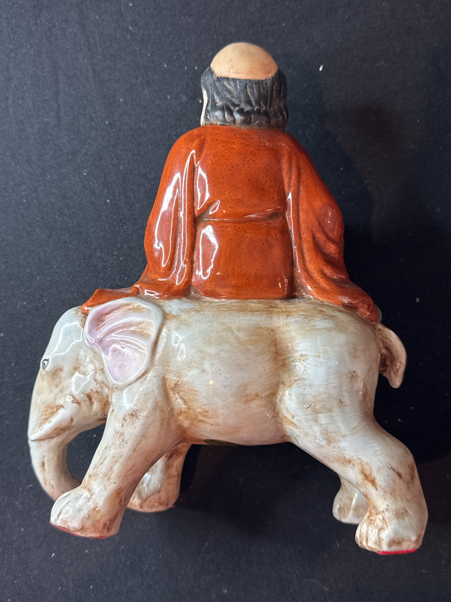 Heygill & H.F.P. Macau "Dynasty" Ceramic Asian Man on Elephant Reading Scrolls 10" Tall