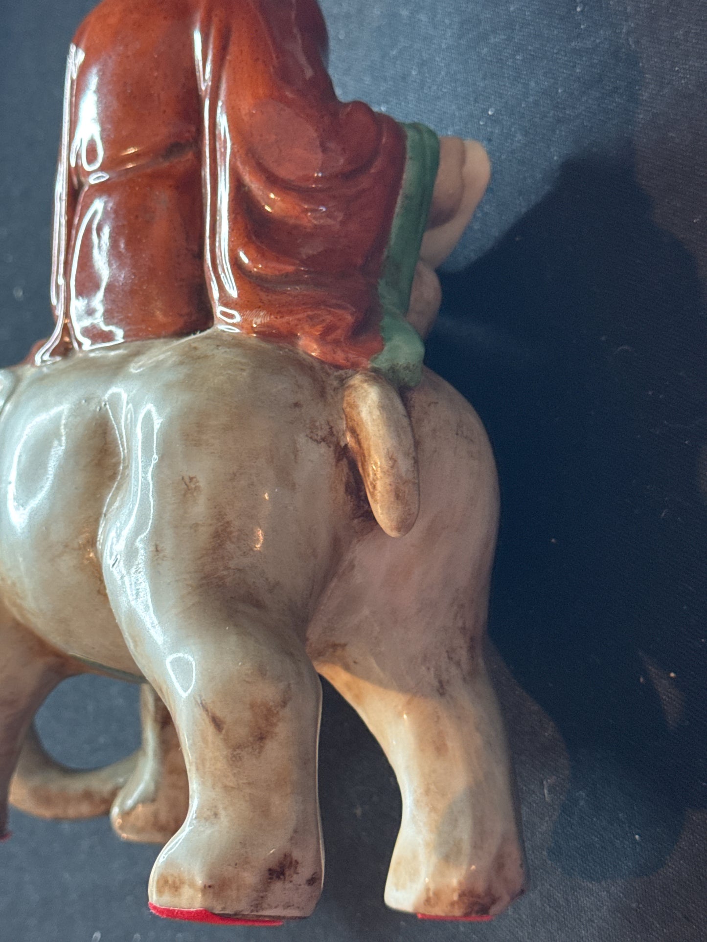 Heygill & H.F.P. Macau "Dynasty" Ceramic Asian Man on Elephant Reading Scrolls 10" Tall