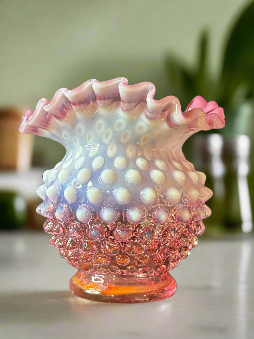 Fenton Hobnail Cranberry Opalescent Vintage Ruffled Vase 4.5" Tall