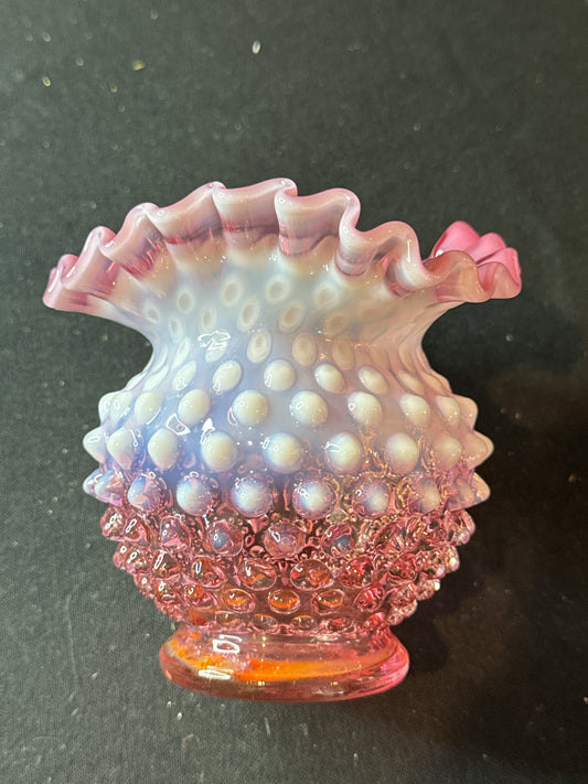 Fenton Hobnail Cranberry Opalescent Vintage Ruffled Vase 4.5" Tall