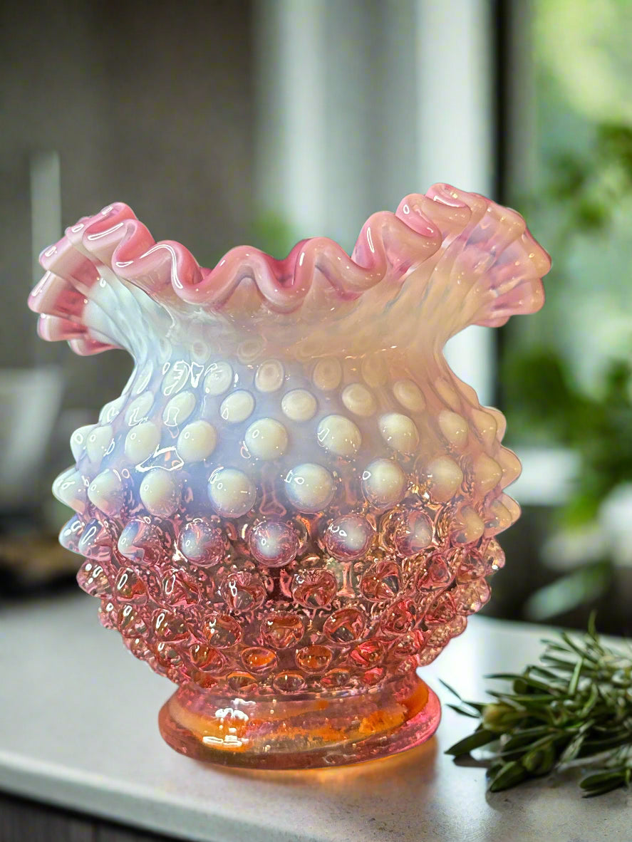 Fenton Hobnail Cranberry Opalescent Vintage Ruffled Vase 4.5" Tall